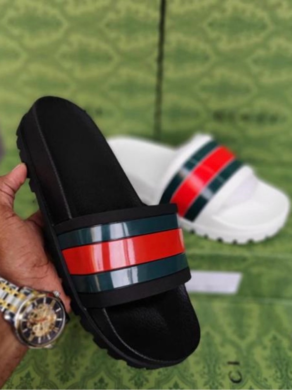 Kids' Casual Slide Sandals in Black with Red and Green Stripes